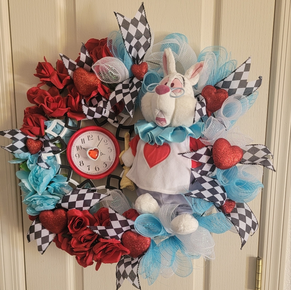 Disney Alice in Wonderland Wreath with Red, Blue, and Black Accents